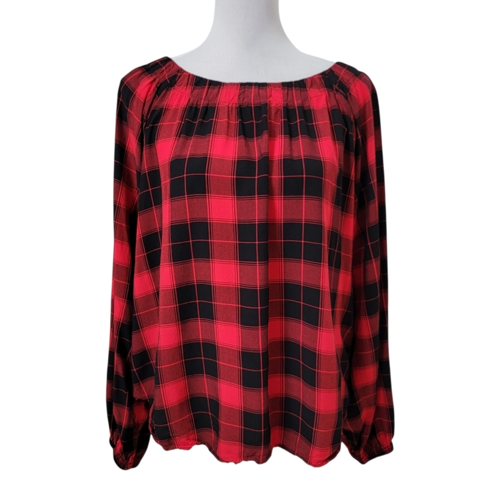 Loft Size L Red & Black Plaid Popover Top, Long Sleeve, Gently Used Condition